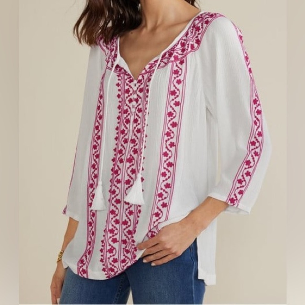 Soft Surroundings Boho Pink & White Embroidered Tunic Top